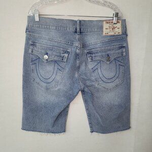 True Religion Ricky Snap Flap Jean Shorts Men‎ 33 Blue Denim Relaxed Raw Hem 12"
